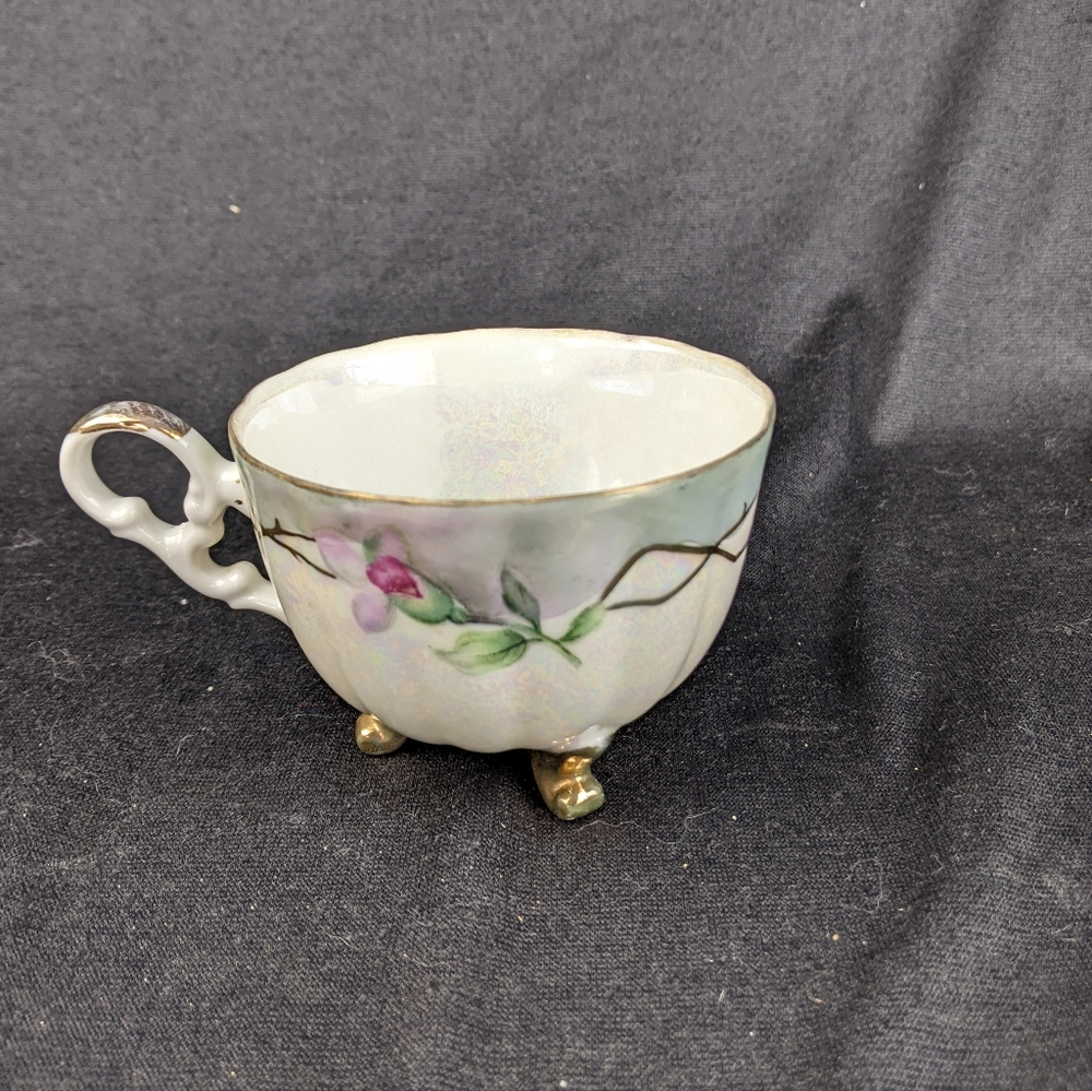 Vintage Lefton china habdpainted footed rose floral irridescent teacup